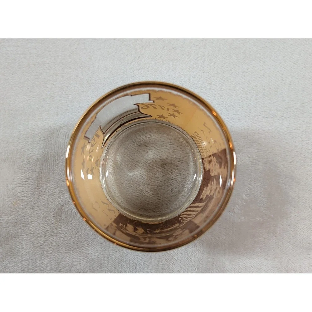 Vintage 1976 Bicentennial Liberty Bell Rocks Glass Gold Rim Whiskey Tumbler